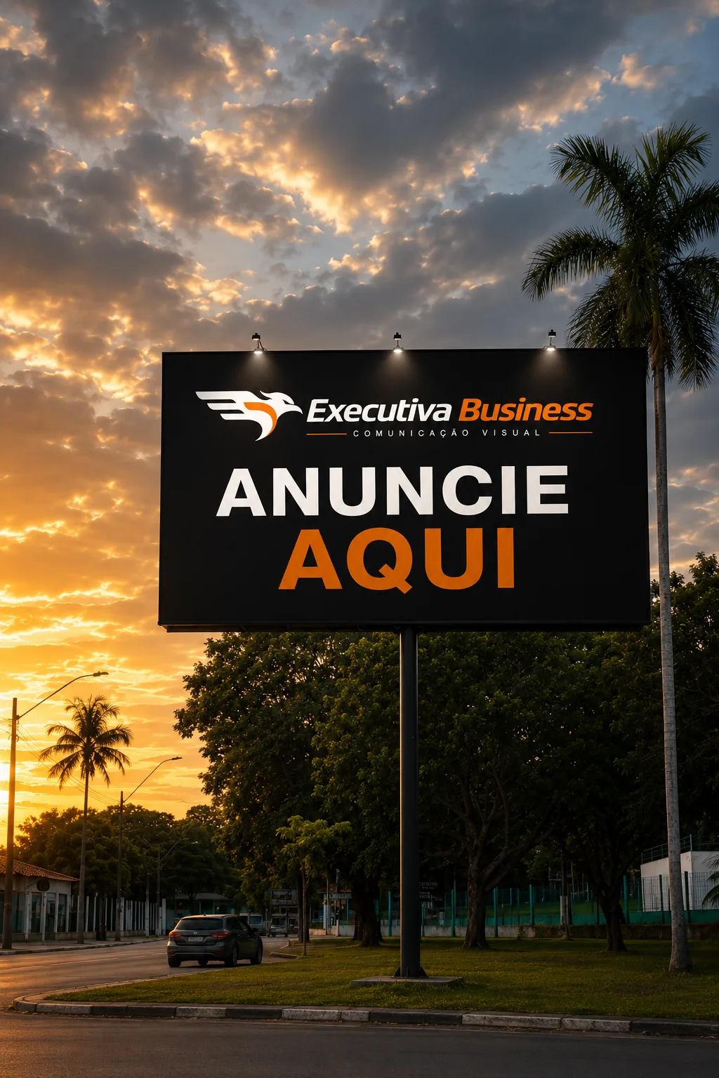 Totem da Executiva Business ao pôr do sol, à beira de uma avenida
