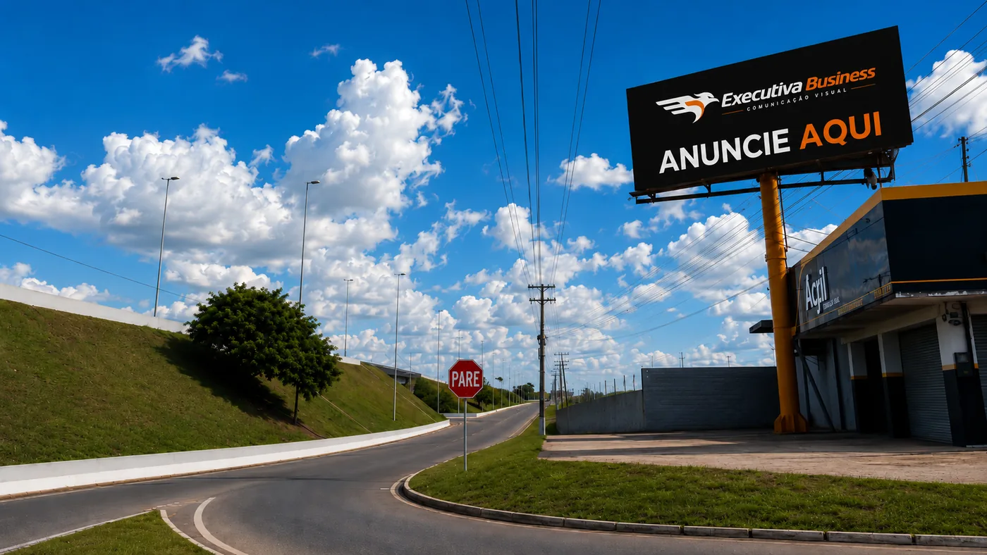 Painel da Executiva Business sobre uma loja, em dia de céu limpo
